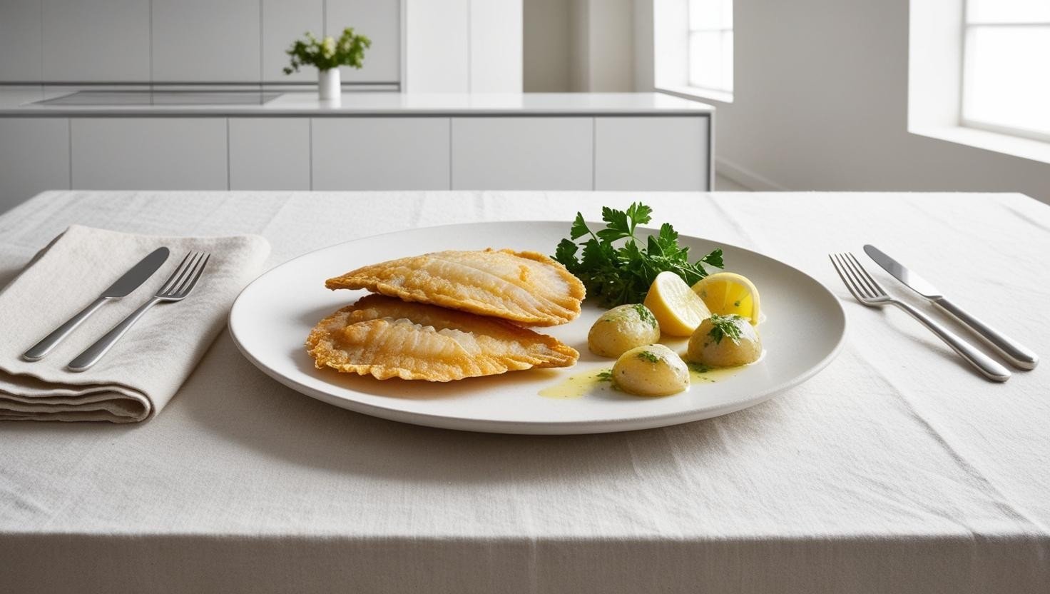Mehr über den Artikel erfahren Gebratene Flunder mit Zitronenbutter und Petersilienkartoffeln